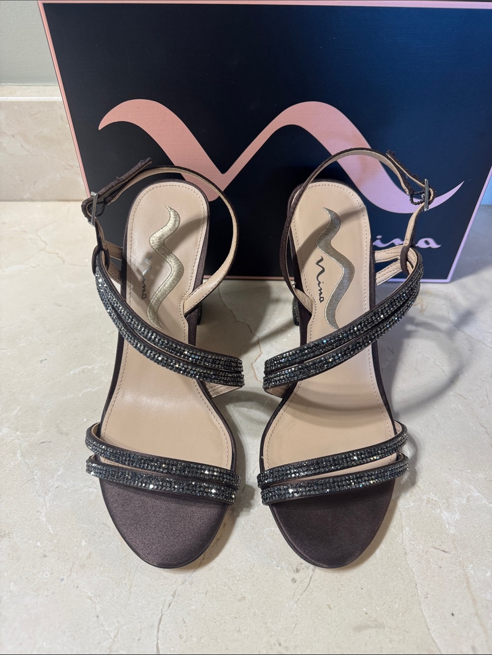 Nina Dark Chocolate Crystal-Strap Dress Sandals